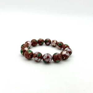 Vintage Cloisonne Bracelet Beaded Stretch Floral Design Burgundy Gold Accent - Picture 1 of 5