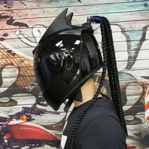 DOT Approved Motorcycle Helmet Double Lens Racing Moto Helmets With Braids Horns - Picture 1 of 16