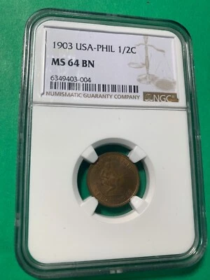 US PHILIPPINES HALF CENTAVO 1903 NGC MS 64 BN - Image 1 of 4