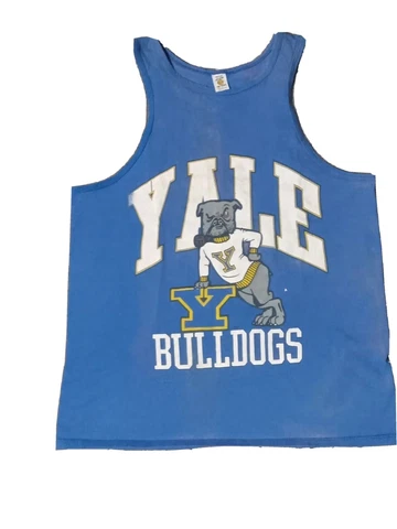 Vtg Yale Bulldogs Sleevless Shirt Blue Medium 100% Cotton Made In USA Medallion Cover