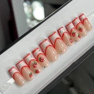 🍓CUSTOM Hard Gel Press On Nails, STRAWBERRY FRENCH W BLING 10p SET W Kit - Picture 1 of 9