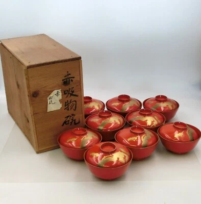 Antiguo cuencos de sopa japoneses de madera laca roja juego de 9 grúas y pinos caja de madera Foto 1 de 4