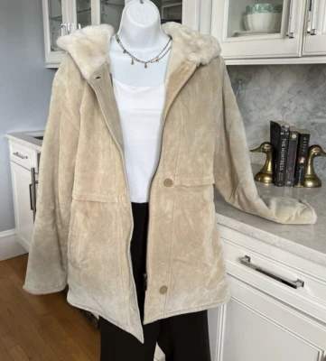 Adler Vintage Tan Suede Leather Jacket with Hood - Lined with Cream Faux Fur - Image 1 of 4