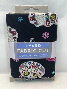 Skull on Black Fabric 100% Cotton 1 Yard Silver Glitter Lined Sugar Skulls - Picture 1 of 5