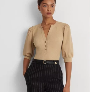 Lauren Ralph Lauren Beige Ribbed Puff Sleeve Henley Top Blouse Size XL - Picture 1 of 5