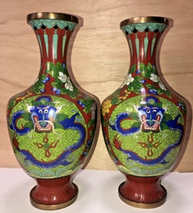Antique/Vintage Pair Of Chinese Cloisonné Hand Patient Vases  - Picture 1 of 13
