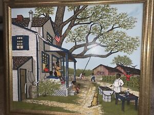 H.Hargrove Oil Painting Serigraph on Canvas African Americana Farm House Barn