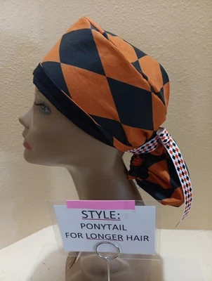 Diamonds Black & Orange Women's Ponytail Surgical Scrub Hat/Cap Handmade - Image 1 of 4
