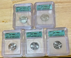 Set of 5 - 2003-D Washington Quarters MS67 ICG, Beautiful Bright White Coins - Picture 1 of 11