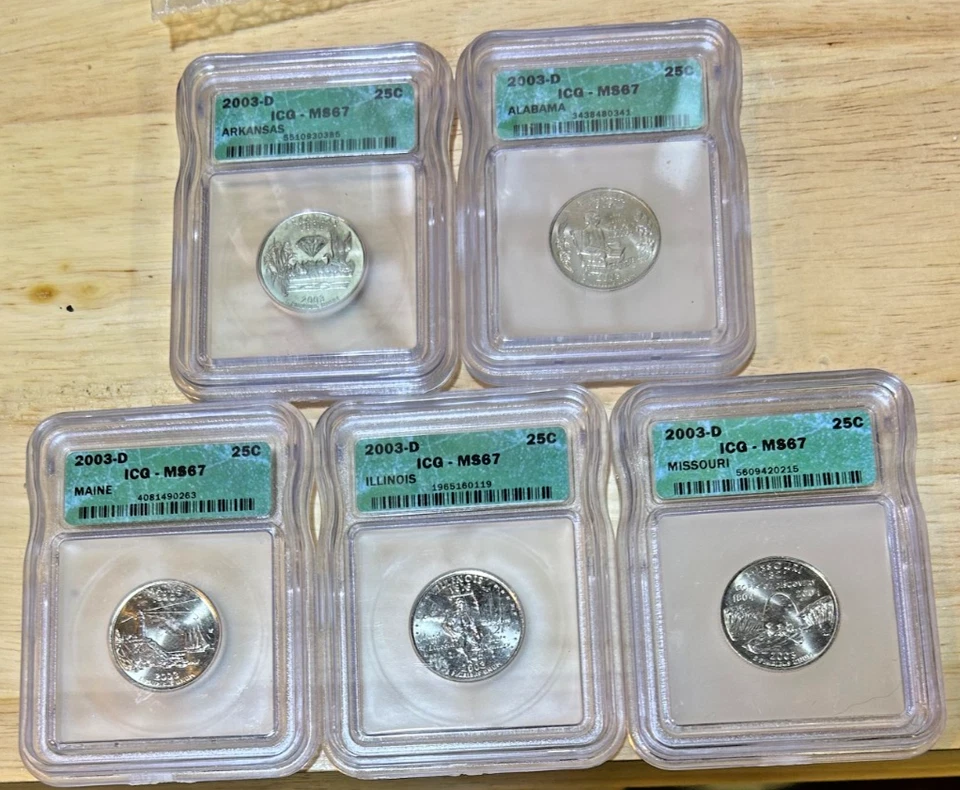 Set of 5 - 2003-D Washington Quarters MS67 ICG, Beautiful Bright White Coins - Image 1 of 4