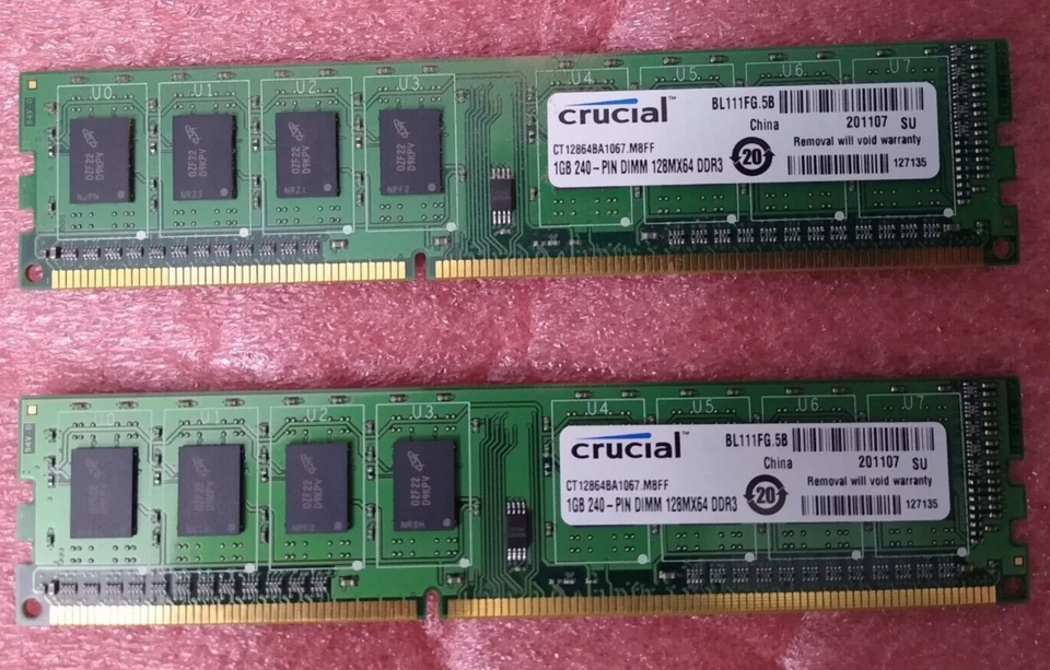 (2) Crucial 1GB 240PIN DIMM 128MX64 DDR3 Desktop Memory | CT12864BA1067.M8FF - Image 1 of 1