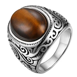 Men's Retro Silver Tone Oval Tiger Eye Stone Biker Rocker Gothic Band Ring #7-14 - Picture 1 of 7