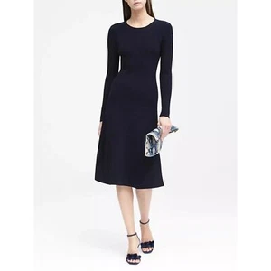 Banana Republic Preppy Ribbed Knit Navy Midi Dress Womens Small Petite Stretchy - Picture 1 of 13