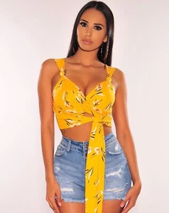 Hot Miami Styles Yellow Flower Floral Wrap Crop Top Blouse Festival raves - Picture 1 of 4