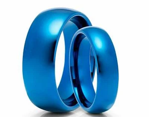 Free Engraving Blue Tungsten Carbide Shiny Polished Domed Wedding Band Ring Set - Picture 1 of 6
