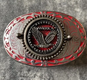 Vintage Eagle America USA MADE Red & silver tone Belt Buckle NICE ORNATE!! - Picture 1 of 6