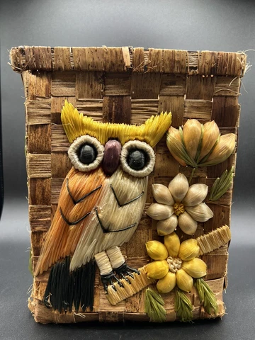 Vintage 1960's Woven Raffia Raised Owl Flowers Philippines 11x8x8 Waste Basket Cover