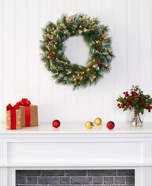Nearly Natural Frosted 24" Swiss Pine Artificial Wreath with Lights and Berries - Image 1 of 1