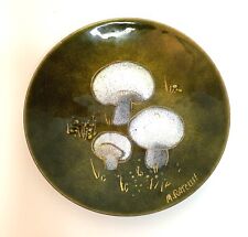 Vintage MCM Hand Painted Enamel on Copper Dish M. Ratcliff Mushrooms Olive Green