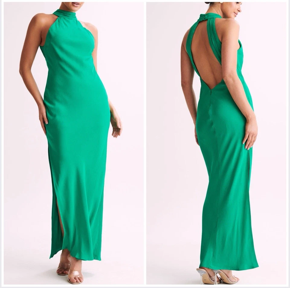 Maxi Vestido Meshki Satinado Drapeado Espalda con Split en Verde Talla L Foto 1 de 4