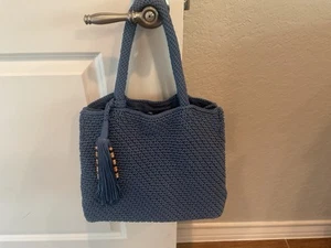 Relativity Sky Blue Woven Lined Tassel Double Top Handle Vacation Satchel Bag - Picture 1 of 3