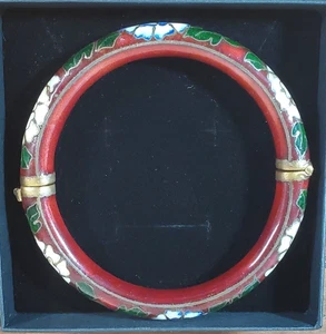 Vintage Cloisonne Hinged Enamel Bangle 1970s Rose/White Lotus Flower - Picture 1 of 9