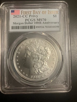 2021-CC Perfect MS70 Morgan Dollar. First Day of Issue PCGS 44160350, Flag Label - Image 1 of 2