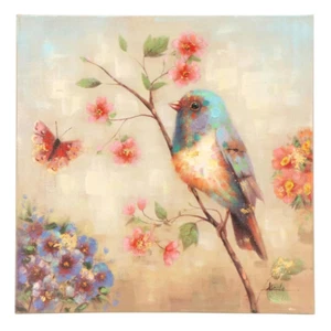 Large Canvas Wall Art Bird Floral Butterfly Acrylic Painting 28x28 Nature Decor - Picture 1 of 13