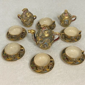 Antique Signed Japanese SATSUMA MEIJII Period Dragon Ware 15 Piece Gold Tea Set - Picture 1 of 23