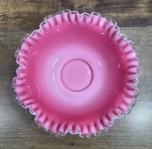 Vintage Pink And White Ruffled Fenton Glass Console Bowl - Picture 1 of 9