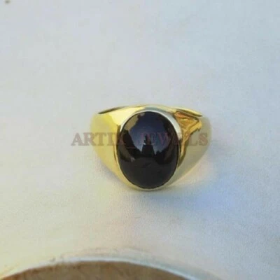 Anillo De Plata Esterlina 925 Bañado En Oro Con Piedra Preciosa Ónix Negro #1245 - Imagen 1 de 3