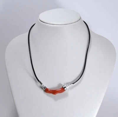 COLLANA  ARGENTO 925 RAMO DI CORALLO ROSSO LACCIO CUOIO NERO           AGLN 0235 - Immagine 1 di 3