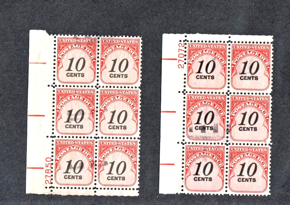 US #J97 10¢ CARMINE ROSE 1959 DUE 2 USED MARGIN STAMP BLOCKS OF 6 WITH P# - Image 1 of 1
