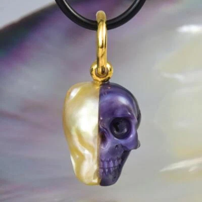 Skull IN Süd See Perle Anhänger Geschnitzter Lila Muschel Vermeil Sterling 5.38g - Bild 1 von 4