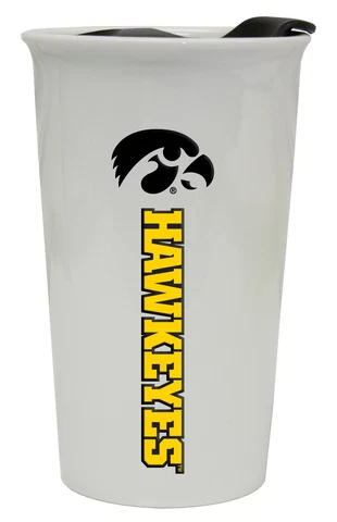IOWA HAWKEYES 12OZ CERAMIC TUMBLER-IOWA TRAVEL MUG w/ LID Cover