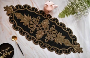 Handmade Black and Gold Beaded Table Runner Decorative Runner Mat - Picture 1 of 8