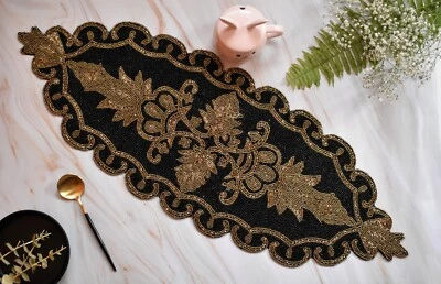 Handmade Black and Gold Beaded Table Runner Decorative Runner Mat - Image 1 of 4