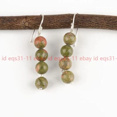 Natural 8mm Unakite Jasper Round Gemstone Drop/Dangle Earrings for Girls - Image 1 of 4