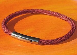 Mens / Ladies 4mm Dark Pink leather & stainless steel bracelet by Lyme Bay Art