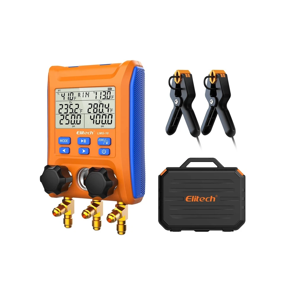 Elitech HVAC Digital Manifold Gauge 2-Way Valve w/ Thermometer Clamps (LMG-10)