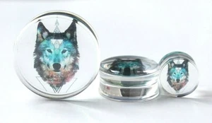 1x 8-30mm Wolf Head Logo Transparent Double Flare Boho Tunnel Ear plug Earring - Picture 1 of 4