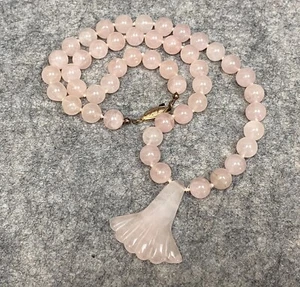 Chinese Rose Quartz Beaded Necklace with Carved Pendant Pink Hand Knotted - Picture 1 of 8