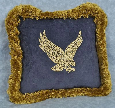 NEW Brush Fringed Embroidered Gold Eagle Pillow made w Navy Blue Faux Suede 12" - Image 1 of 3