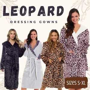 Womens Ladies Animal Leopard Print Robe Dressing Gown Hooded Fluffy Snuggle Soft - Picture 1 of 13