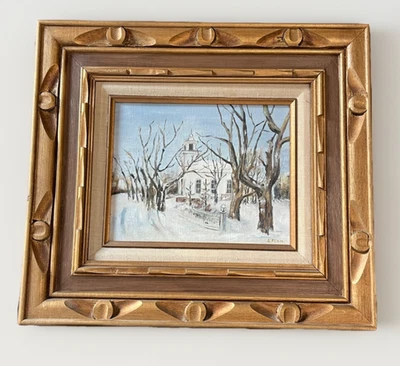 Pintura al óleo o acrílica vintage escena iglesia invierno marco tallado a mano MCM firmado Foto 1 de 4