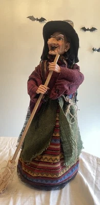 Vintage Witch Halloween Doll Handmade Burlap Custom Clothes Black Hair 20” H  - Image 1 of 4