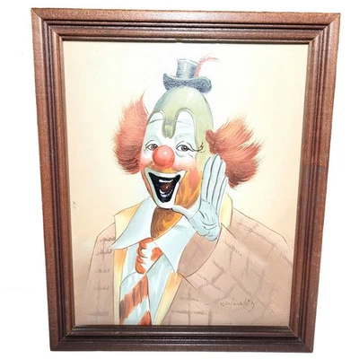 Vintage Happy Clown Waving Acrylic Painting on Canvas Artist Signed Framed 8"x10 - Image 1 of 4