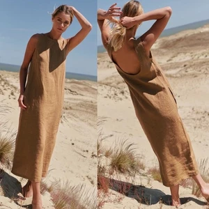 Sauths Carmen 100% Linen Maxi Dress Brown Camel Pockets L - Picture 1 of 11