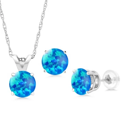Conjunto de joyas pendientes colgantes de ópalo azul simulado de oro blanco de 14K para mujer | Foto 1 de 3