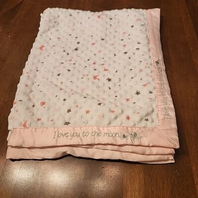 Manta bebé Just Born Love you to the Moon rosa Minky satinado estrellas elefante Foto 1 de 4